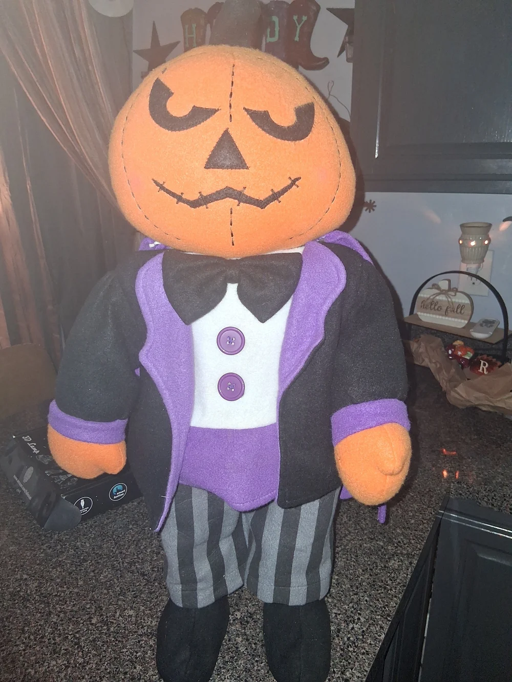 Plush Pumpkin Jack Holiday Figurine in Orange & Purple